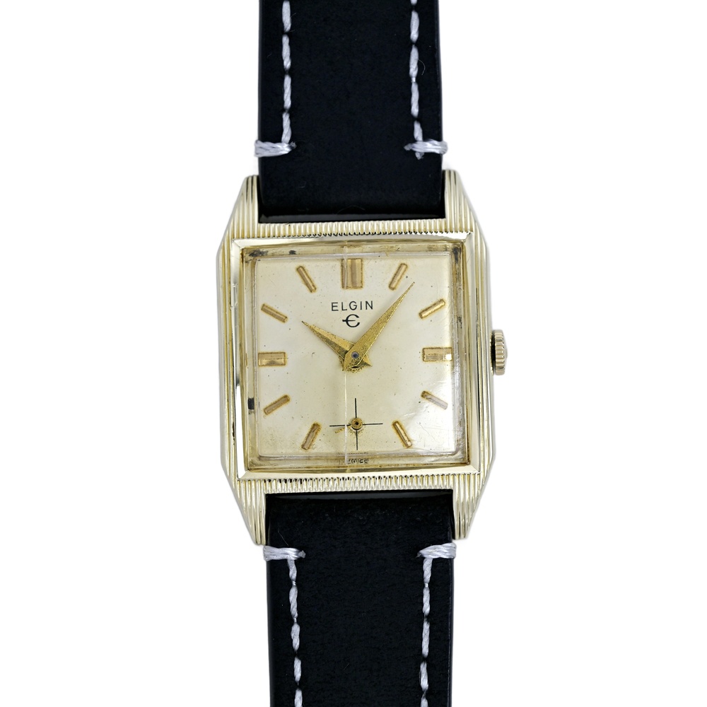 Elgin 1960's Vintage 10k Gold Plated Men's Tank Watch Genuine Leather Strap